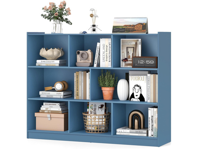 8 Cube Bookcase, Freestanding 3-Tier Open Bookshelf, Bright Blue Modern Storage Display Cabinet, Wood Cube Storage Organizer for Living Room,...