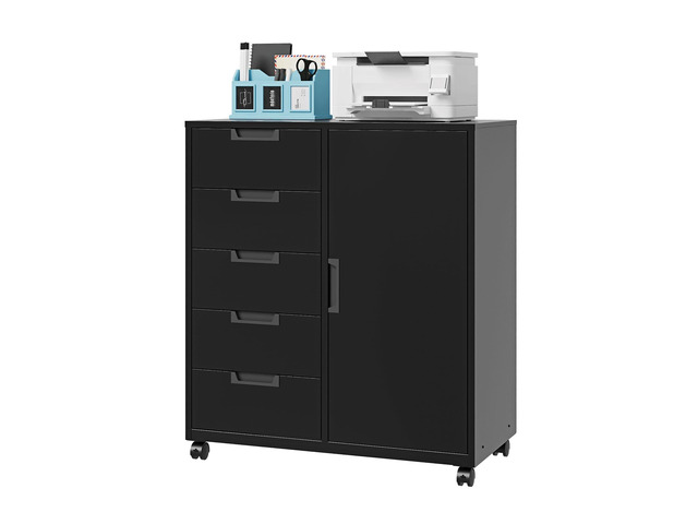 5 Drawer Storage Cabinet, Mobile Printer Stand for Home Office,Dresser Chest with Shelves and Door(Black)