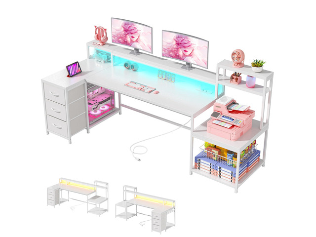 71 White L Shaped Desk with Drawers,Printer Shelf for Home Office 3 Fabric Drawers, Printer Stand & Shelves; Organize Office and Study Supplies...
