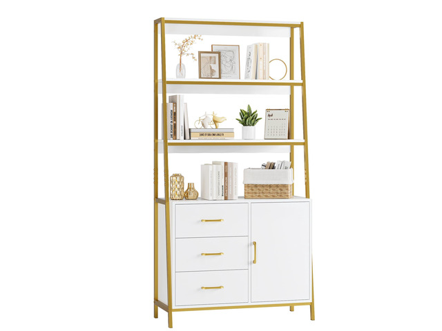 69' Tall Bookshelf, White Gold 4-Tier Bookcase with Wooden Drawers and Ladder Shelves, Free Standing Storage Cabinet Kitchen Bakers Rack with...