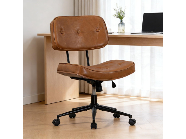 Walnut Armless Modern Office Desk Chair with Wheels, PU Leather Adjustable Height Swivel Rolling Task Chair, Ergonomic Criss Cross Legged Computer...