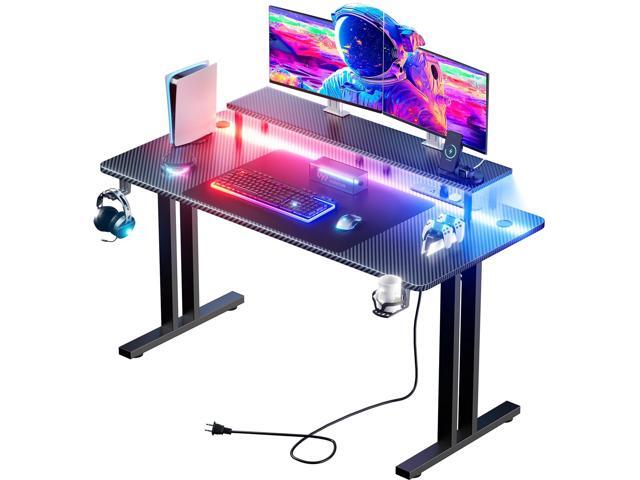63 Inch Gaming Desk with LED Lights & Cable Management, Black Ergonomic carbon fiber gaming computer desk with 5 sockets, monitor stand, cup...