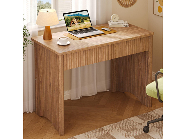 40 Inch Fluted Wood Computer Desk with Drawers, Modern Home Office Desk, Compact Writing Desk, Laptop PC Desk for Bedroom, Studio, Study Room,...