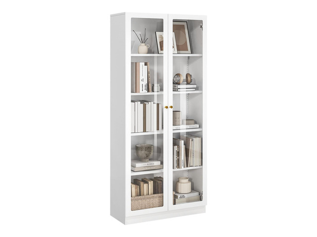 Modern Bookshelf with Doors and Shelves, 70.87' H Metal Bookshelf, Tall Bookcase, 5-Tier Curio Cabinet for Collectibles, White Storage Cabinet...