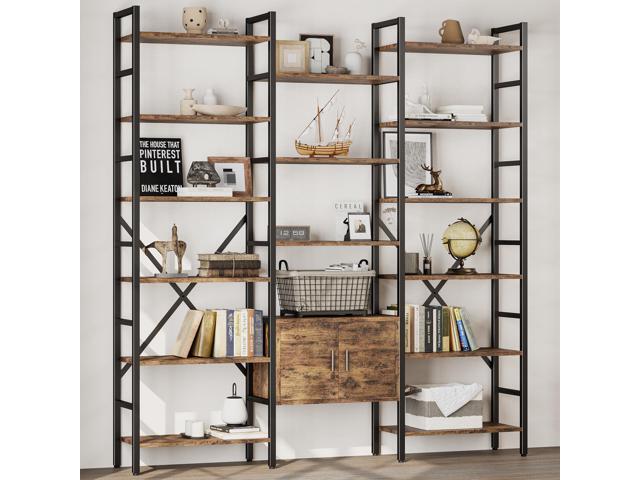 70x78 Triple 6 Tier Book Shelf, Industrial Large Bookcase with Storage Cabinet, Tall Bookshelf with 16 Open Display Shelves Metal Frame Furniture.