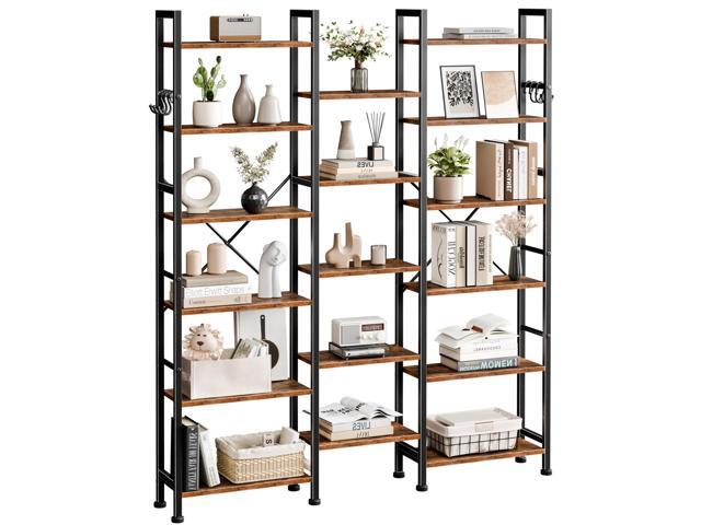 Triple Column 6 Tier Bookshelf, Large Bookcase with 17 Display Shelves, Wide Book Shelf with 6 Hooks, Adjustable Rustic Bookshelves Storage...