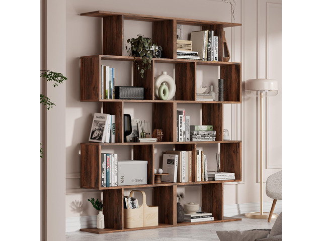 Set of 2 Geometric Bookcase, S-Shaped Modern Bookshelf, Room Divider Bookshelf, 62' Tall Unique Abstract Bookcase with 5-Tier Display Shelf for...