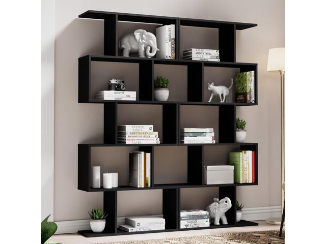 Set of 2 Geometric Bookcase, S-Shaped Modern Bookshelf, Room Divider Bookshelf, 62' Tall Unique Abstract Bookcase with 5-Tier Display Shelf for...