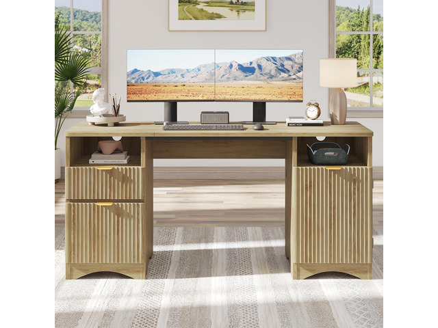 59 inch Computer Desk with 2 Drawers, Office Desk with Storage File Cabinet and 2 Open Storage Shelves, Modern Fluted Executive Desk for Home...