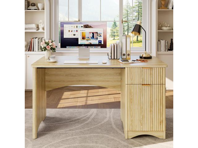 47 inch Fluted Computer Desk with Drawer, Office Desk with File Cabinet, Modern Wood Desk with Storage Cabinet for Home Office Bedroom Study,.