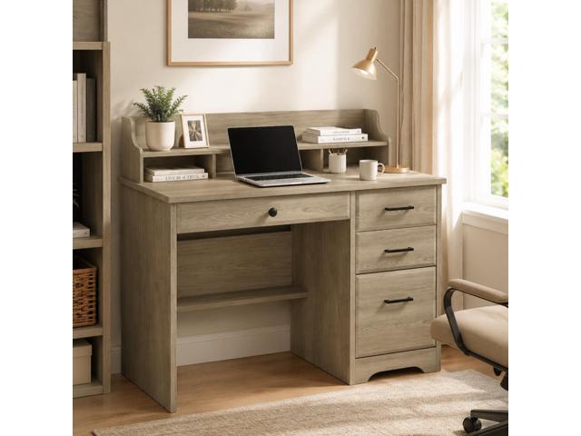 Computer Desk with Drawers, Small Desk with Monitor Stand and File Drawer, Wood Desk with Storage, Writing Desk for Bedroom Home Offic, Grey
