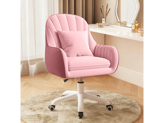 Upholstered Desk Chair with Pillow Swivel Rolling Accent Chair for Women Girls, Adjustable Height Vanity Chair with Wheels for Living Room, Home...