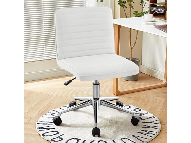 PU Leather Armless Office Chair - 360° Swivel Computer Desk Chair with Adjustable Height & Comfy Chrome Legs, Ivory White - Perfect for Home...