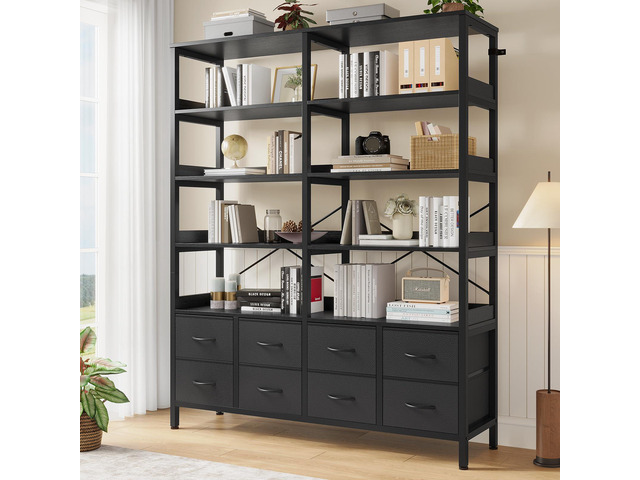 Bookshelf with 8 Fabric Drawers, 7-Tier Bookcase with Baffles Display Shelves, Industrial Large Book Shelf for Living Room Home Office, Black