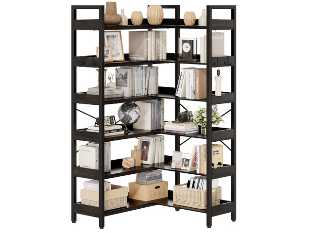 6-Tier Corner Bookshelf, Reversible L-Shaped Bookcase with 4 Hooks, 69' Industrial Wood & Metal Storage Shelf for Living Room, Home Office &...