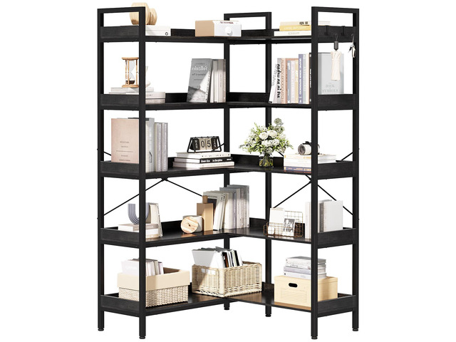 5-Tier Corner Bookshelf, Reversible L-Shaped Bookcase with 4 Hooks, 65' Industrial Wood & Metal Storage Shelf for Living Room, Home Office &...