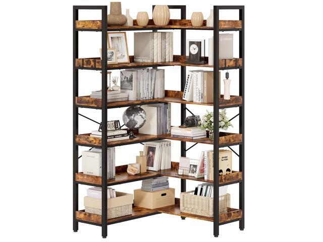 6-Tier L-Shaped Reversible Corner Bookshelf, 69' Rustic Brown Industrial Wood & Metal Bookcase, Wide Open Shelves + 4 Hooks for Living...