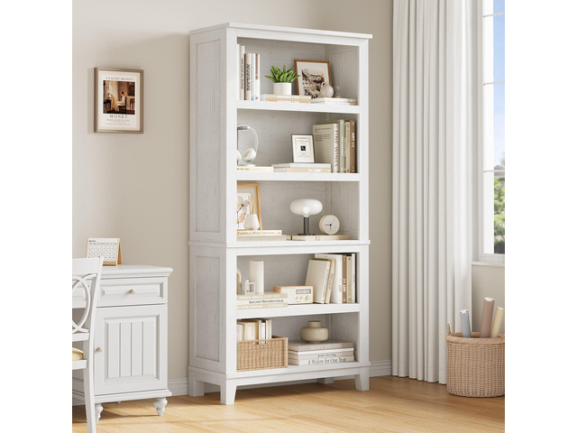 71' Farmhouse Bookcase w/Adjustable Shelves & 31.5' Width, 5 Tier Tall Bookshelf with Wooden Legs, Rustic Vintage Book Shelf for Living Room Office...