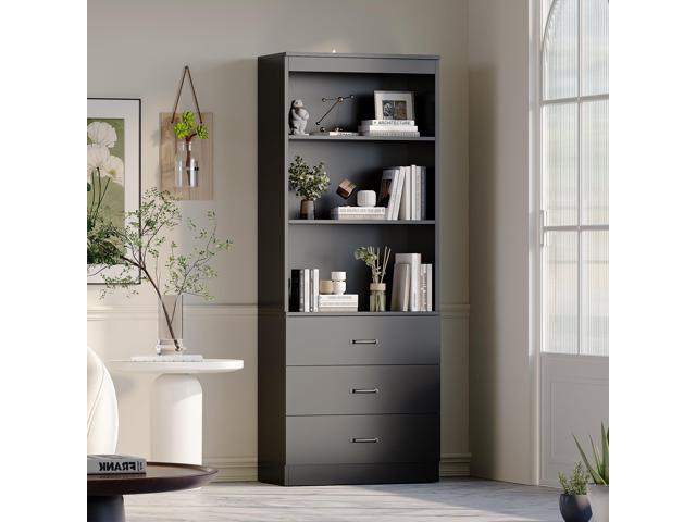 70' H 6-Tier Bookshelf with 3 Drawers, White Bookcase with 3-Tier Open Shelves, Tall Book Shelf with Storage Space, Wooden Storage Cabinet for...
