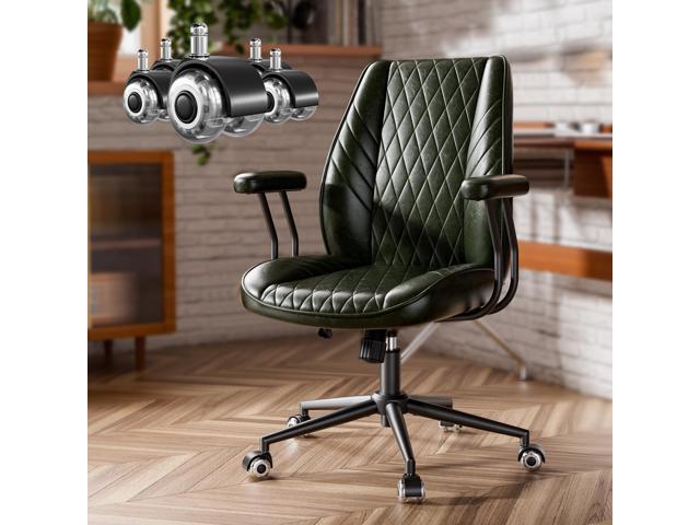 Green Leather Office Desk Chair with Quiet Rubber Wheels, Height Adjustable, Padded Arms, Vintage Mid Century Office Chair, Retro Style Desk Chair