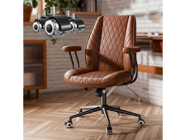 Brown Leather Office Desk Chair with Quiet Rubber Wheels, Height Adjustable, Padded Arms, Vintage Mid Century Office Chair, Retro Style Desk Chair