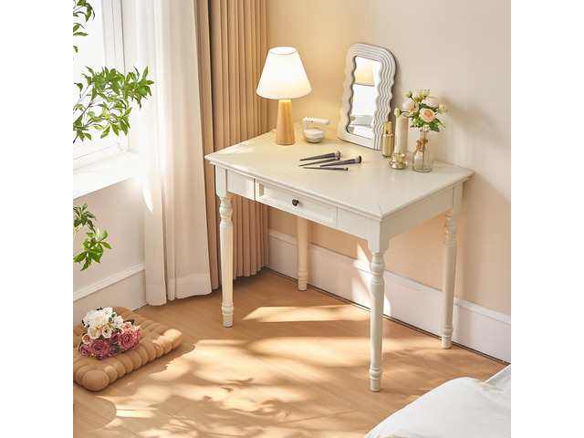 White Writing Desks with Drawers, 35' Solid Wood French Country Style Computer Desk for Home Office, Living Room Study or Workspace