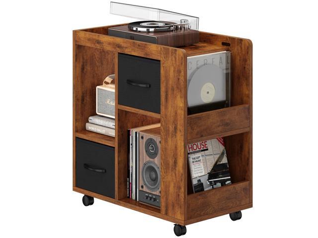 Narrow Side Table with Storage, Wooden Rolling Nightstand Bedside Table with Wheels, Magazine Racks and Open Shelves, End Table with Drawers for...