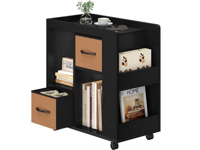 Narrow Side Table with Storage, Wooden Rolling Nightstand Bedside Table with Wheels, Magazine Racks and Open Shelves, End Table with Drawers for...