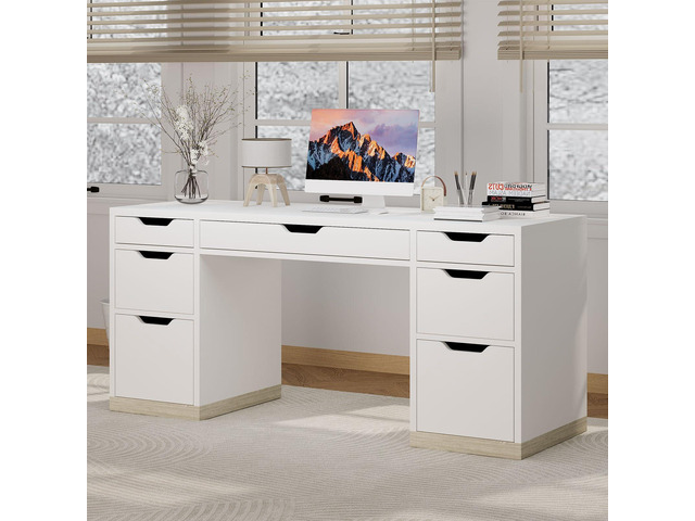 White Desk with 7 Drawers, Home Office Desk with Storage Drawers for Bedroom, 54 Inch Computer Desk with Drawers for Work Writing Study, Small Spaces