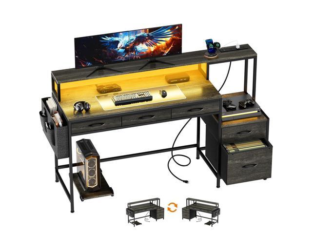 61 Inch Gaming Desk with Charging Station and LED Lights, Reversible Computer Desk with Storage Drawer and Monitor Stand, Modern Desk Table with...
