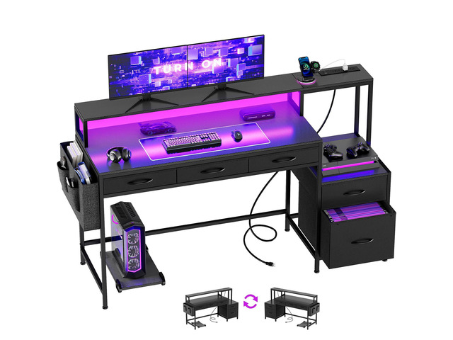 61 Inch Gaming Desk with Charging Station and LED Lights, Reversible Computer Desk with Storage Drawer and Monitor Stand, Modern Desk Table with...