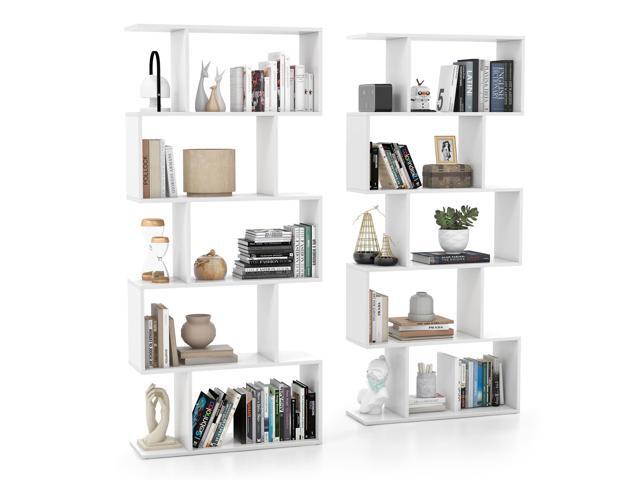 5-Tier Geometric Bookshelf, S Shaped Bookcase w/Anti-Toppling Device, Freestanding Room Divider, Industrial Home Office Decor Wood Open Storage.