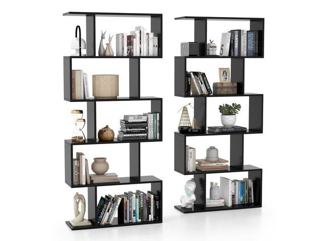 5-Tier Geometric Bookshelf, S Shaped Bookcase w/Anti-Toppling Device, Freestanding Room Divider, Industrial Home Office Decor Wood Open Storage...