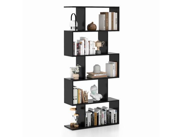 5-Tier Geometric Bookshelf, S Shaped Bookcase w/Anti-Toppling Device, Freestanding Room Divider, Industrial Home Office Decor Wood Open Storage...