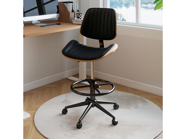 Drafting Chair, Ergonomic Office Chair with Walnut Wood Back Support, Armless PU Leather Desk Chair with Height-Adjustable, Thick Cushion for Home,...