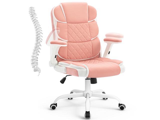 Pink Office Chair Ergonomic Desk Chair with Lumbar Support, Flip-Up Arms, Adjustable Swivel Computer Chair with Wheels, Comfortable PU Leather Cute.