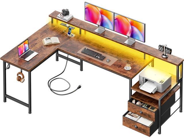 66'' L Shaped Desk with Power Outlets and USB-C Port, Reversible Office Desk with drawers and Storage Shelves, Computer desk with Led Lights and...