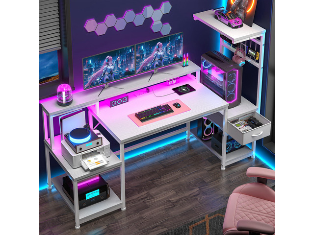 55' Computer Desk with LED Lights & Outlets,Office Desk with Drawers & Monitor Stand,Gaming Desk with 3 Storage Shelves, Hooks& Printer Space for...