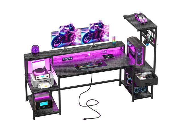 63' Gaming Desk with LED Lights & Outlets,Computer Desk with Drawers & Monitor Stand,Gaming Table with 3 Storage Shelves, Hooks& Printer Space for...