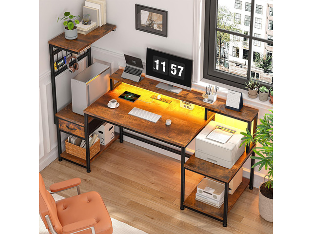 55' Computer Desk with LED Lights & Outlets,Office Desk with Drawers & Monitor Stand,Gaming Desk with 3 Storage Shelves, Hooks& Printer Space for...