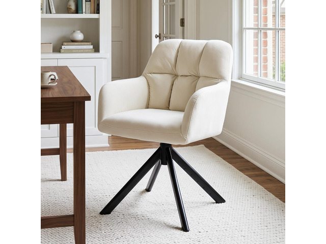 Comfy Velvet Desk Chair Modern Computer Task Chair no Wheels Swivel Accent Chair with Mid Back Arm Chair for Living Room/Bedroom/Home Office(Beige)