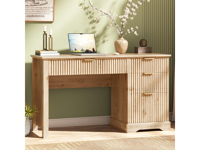 Fluted Executive Desk with Drawers, Wood Computer Desk with Ample File Drawer, Home Office Desk with Storage for Study, Bedroom, Living Room, Oak