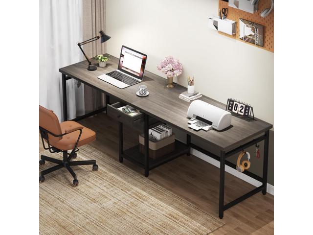 79 Inch Extra Long Desk, Two Person Desk with 2 Drawers, Double Computer Table with Storage Shelves, Writing Table for Home Office, Grey