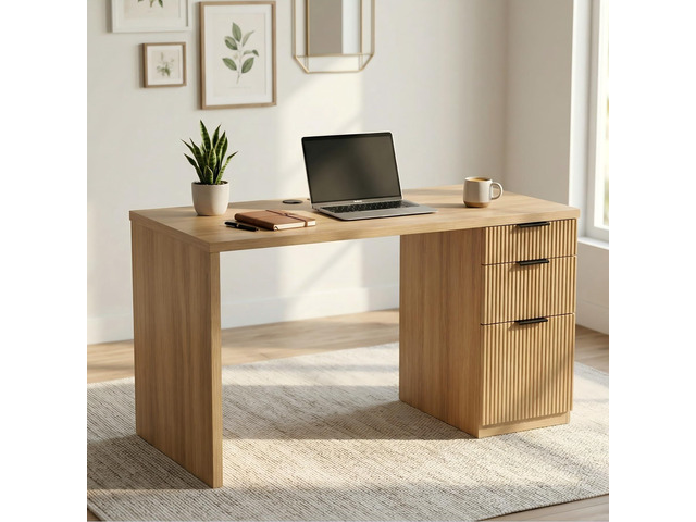 58' Home Office Desk with Power Outlet & File Cabinet, Modern Fluted Executive Desk with 3 Storage Drawers, Large Computer Workstation for Study &...
