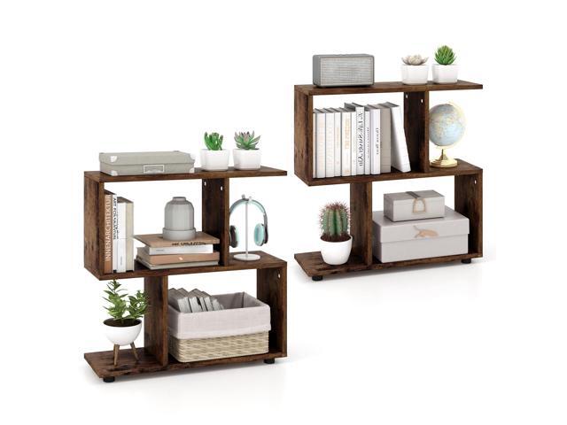2 Tier Geometric Bookshelf, Freestanding Wood Display Shelf, Home Office Room Divider S Shaped Open Bookcase, Small Bookshelf for Small Spaces,...