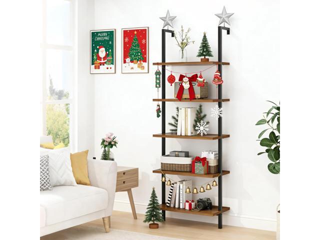 Rustic Brown 5 Tier Wall Mount Ladder Shelf, Metal Frame Bookcase 23.62' L x 11.81' W x 70.87' H Storage Display Shelves for Living Room,...