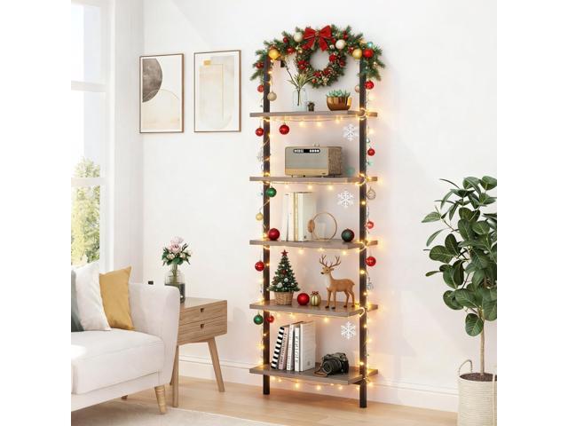 Gray 5 Tier Wall Mount Ladder Shelf, Metal Frame Bookcase 23.62' L x 11.81' W x 70.87' H Storage Display Shelves for Living Room, Bedroom, Home,.