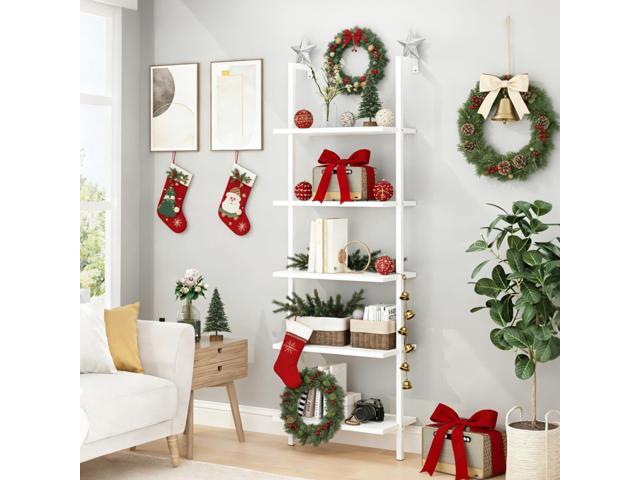 White 5 Tier Wall Mount Ladder Shelf, Metal Frame Bookcase 23.62' L x 11.81' W x 70.87' H Storage Display Shelves for Living Room, Bedroom, Home,.