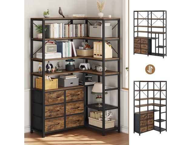 Corner Bookshelf, 7-Tier Industrial Convertible Book Shelf with 6 Fabric Drawers, Corner Bookcase Freestanding Display Shelf for Living Room,.