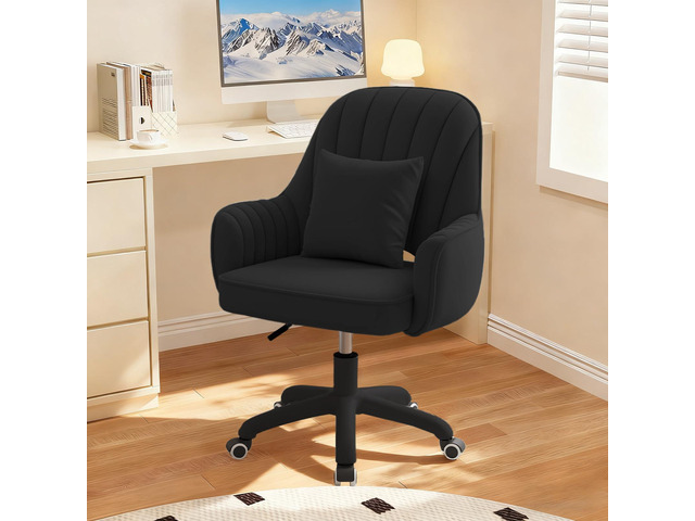 Mid-Back Velvet Desk Chair, Height Adjustable Swivel Vanity Chair with Wheels, Rolling Accent Chair for Home Office, Bedroom, Living Room, Black